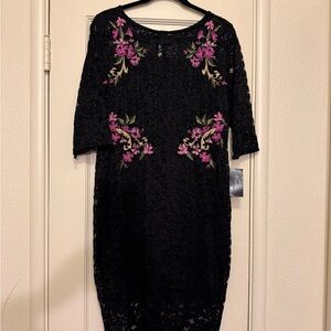 Thalia Sodi Black Dress with Pink Floral Embroidery